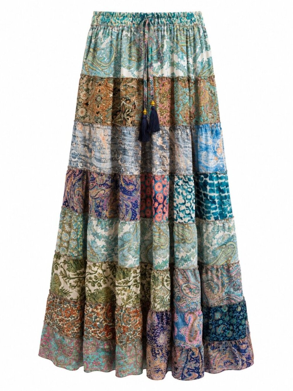 White Waves Patchwork Maxi Skirt With Paisley Prints Elastic Waist Tassel Tie